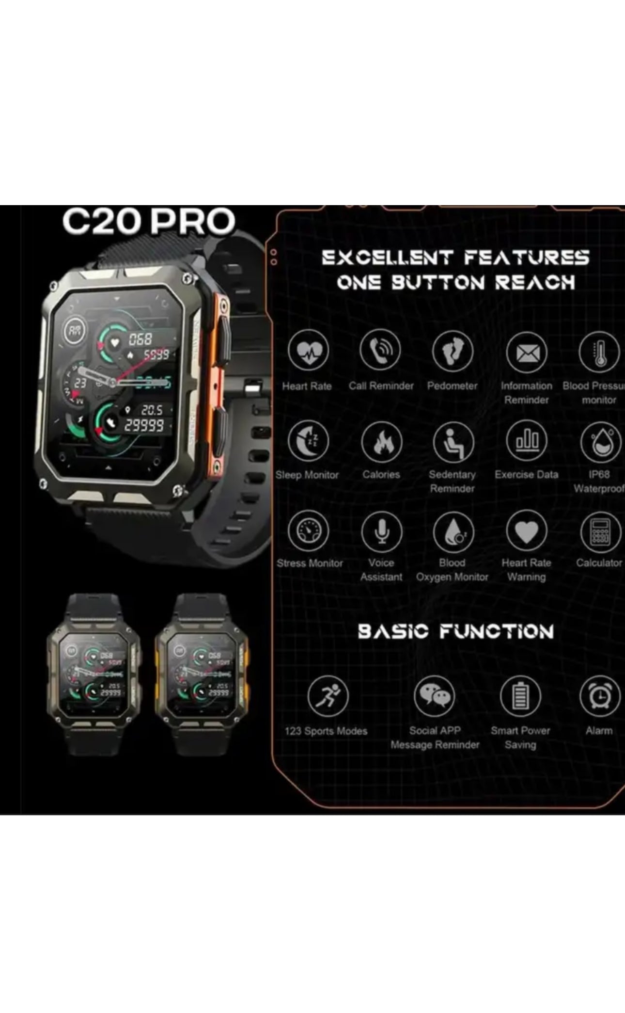 Smartwatch RoHS® C20 Pro Negru, 1.83 inch